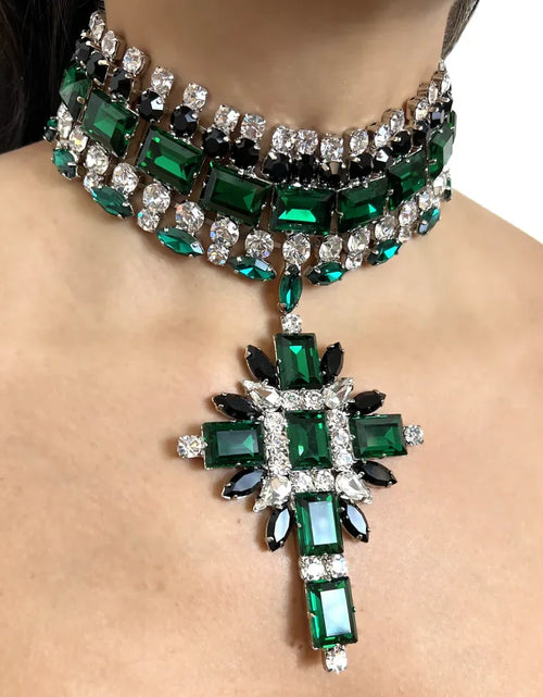 Load image into Gallery viewer, Green Cross Pendant Choker Necklace – Rhinestone Bridal Collar &amp; Statement Party Jewelry
