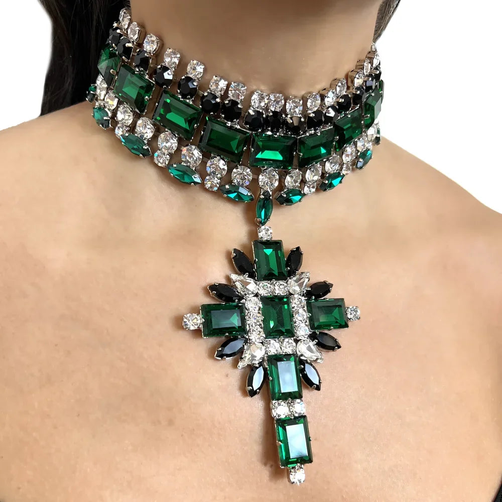 Green Cross Pendant Choker Necklace – Rhinestone Bridal Collar & Statement Party Jewelry