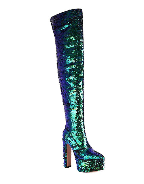 Load image into Gallery viewer, Showstopper: Sequin Over-the-Knee Platform Boots with High Heels
