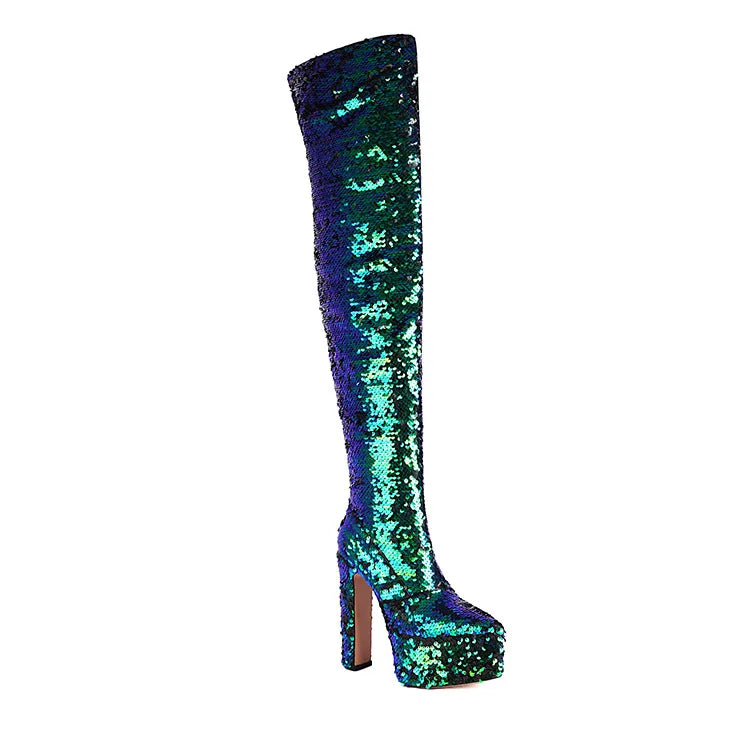 Showstopper: Sequin Over-the-Knee Platform Boots with High Heels