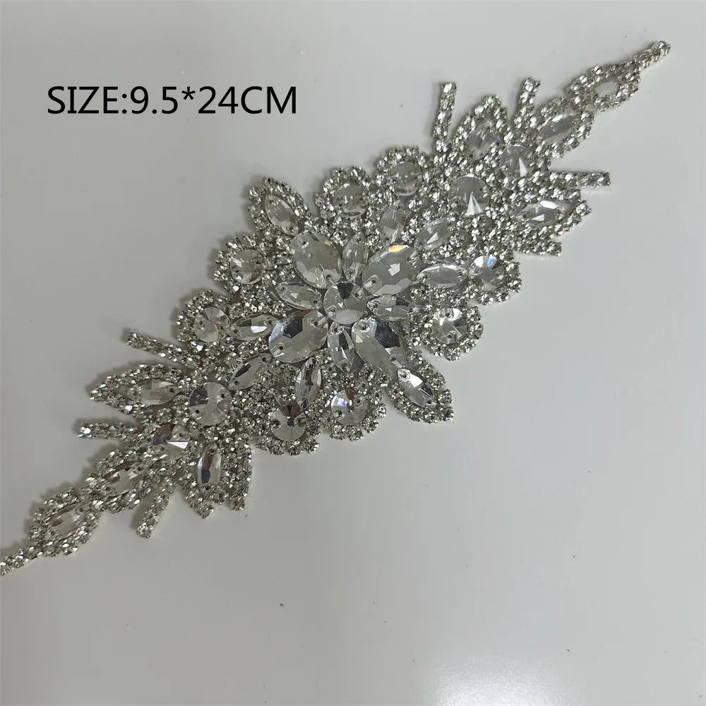 AB Silver Rhinestone Flower Applique – Elegant Iron-On/Sew-On Decoration for Wedding Dresses & Clothes