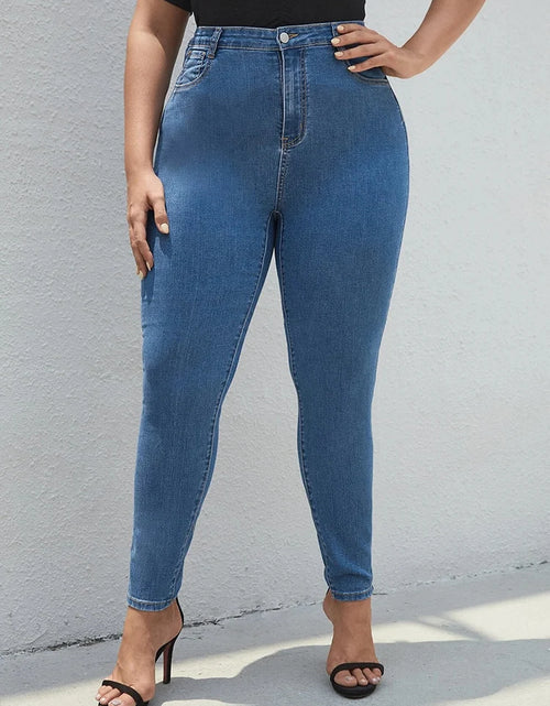 Load image into Gallery viewer, Plus-Size High-Waist Stretch Mom Jeans – Skinny Washed Denim for Women with 100kg+ Fit
