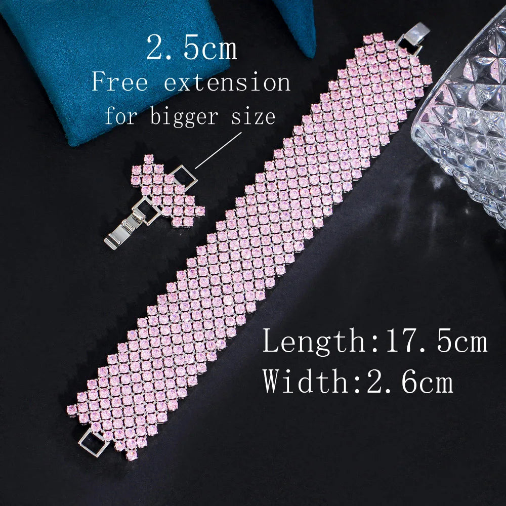 Shining Pink Cubic Zirconia Silver Color Large Wide Link Chain Bracelet – Luxury Bridal & Party Jewelry