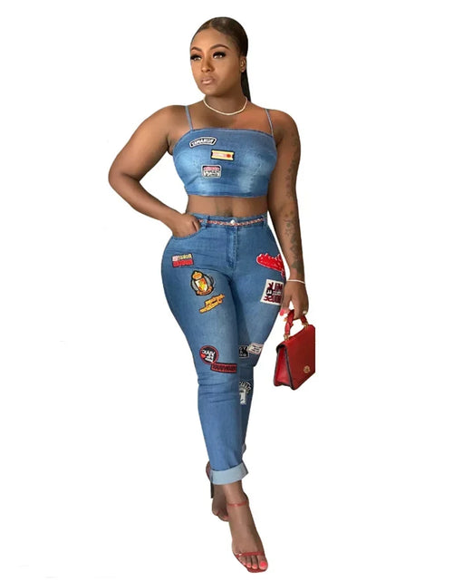 Load image into Gallery viewer, Sexy Denim Two-Piece Set – Women’s Crop Top and Pants Matching Outfit
