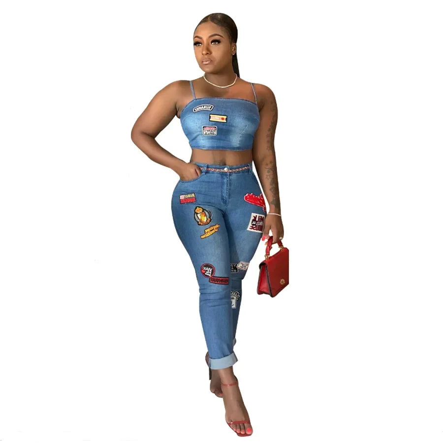 Sexy Denim Two-Piece Set – Women’s Crop Top and Pants Matching Outfit