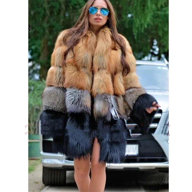 Chic Long Faux Fur Coat – Women's Winter Fashion Thick Warm Jacket with Yellow & Black Contrast Stitching Cloth