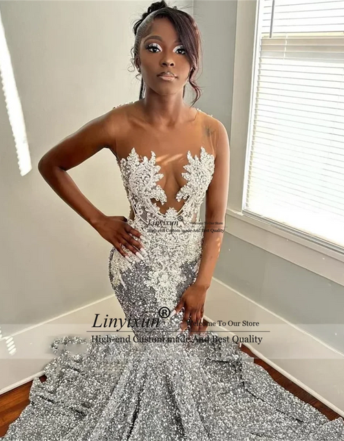 Load image into Gallery viewer, Sparkling Majesty: Custom Glitter Crystal Prom and Evening Gown
