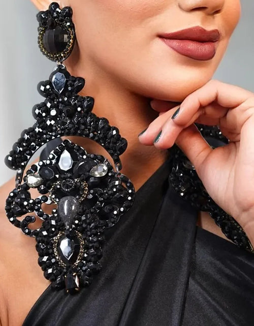 Load image into Gallery viewer, Exaggerated Black Crystal Statement Earrings – Oversized Rhinestone Dangle Prom Jewelry for Women
