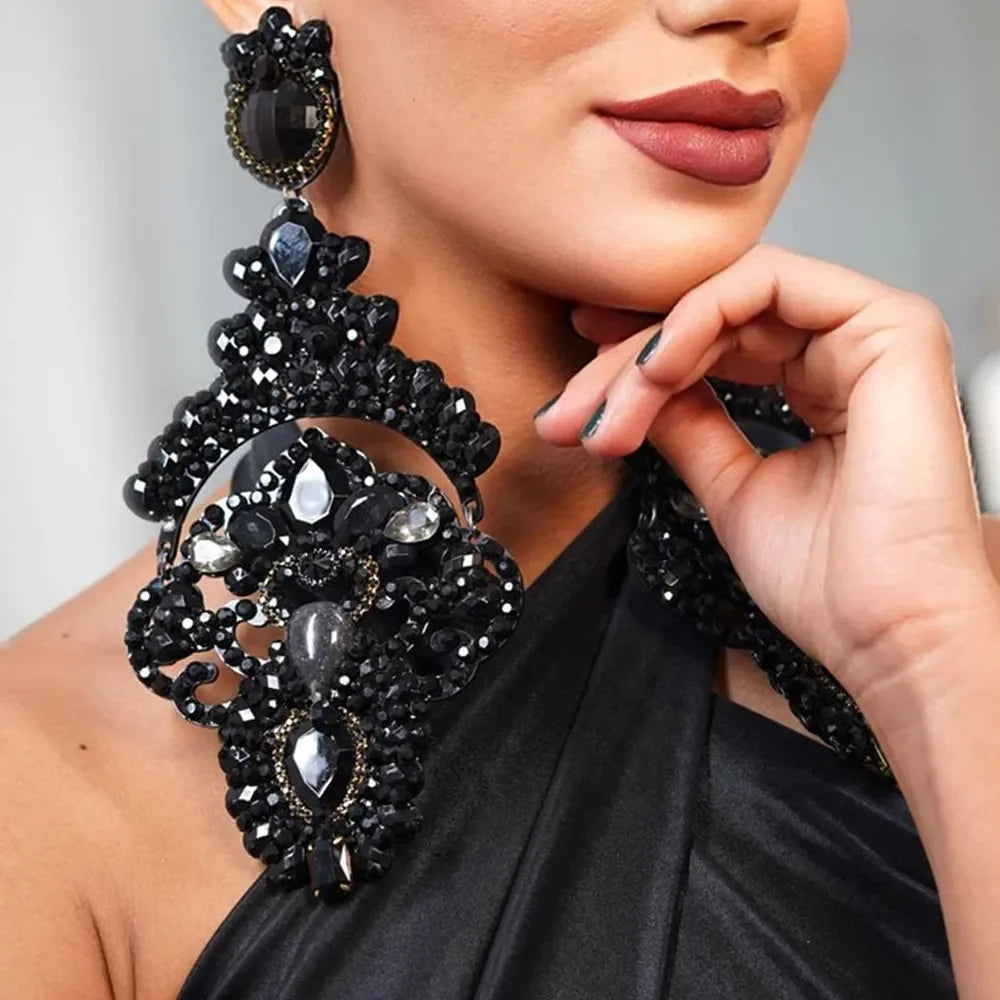 Exaggerated Black Crystal Statement Earrings – Oversized Rhinestone Dangle Prom Jewelry for Women