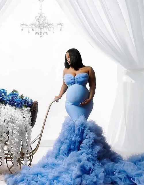 Load image into Gallery viewer, Ethereal Blue Sweetheart Maternity Gown with Ruffles &amp; Train
