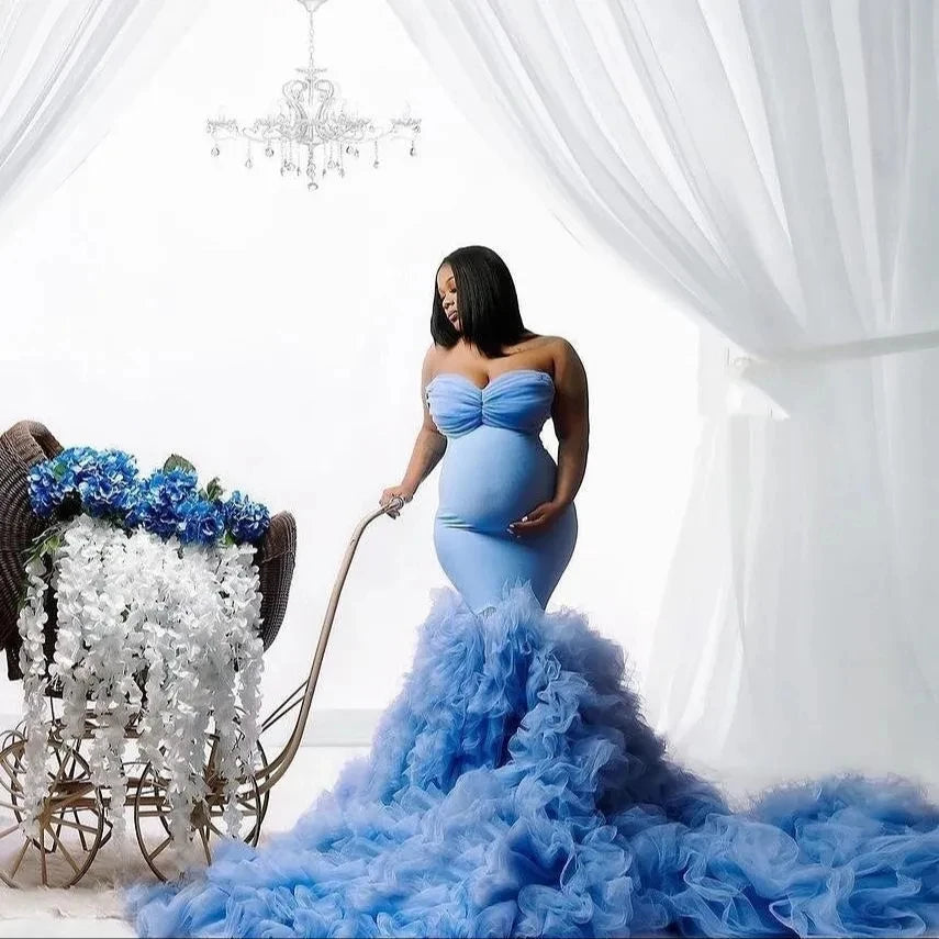 Ethereal Blue Sweetheart Maternity Gown with Ruffles & Train