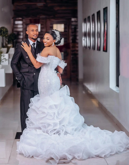 Load image into Gallery viewer, Luxurious Arabic Aso Ebi Mermaid Wedding Dress – Beaded Crystal Tiered Bridal Gown
