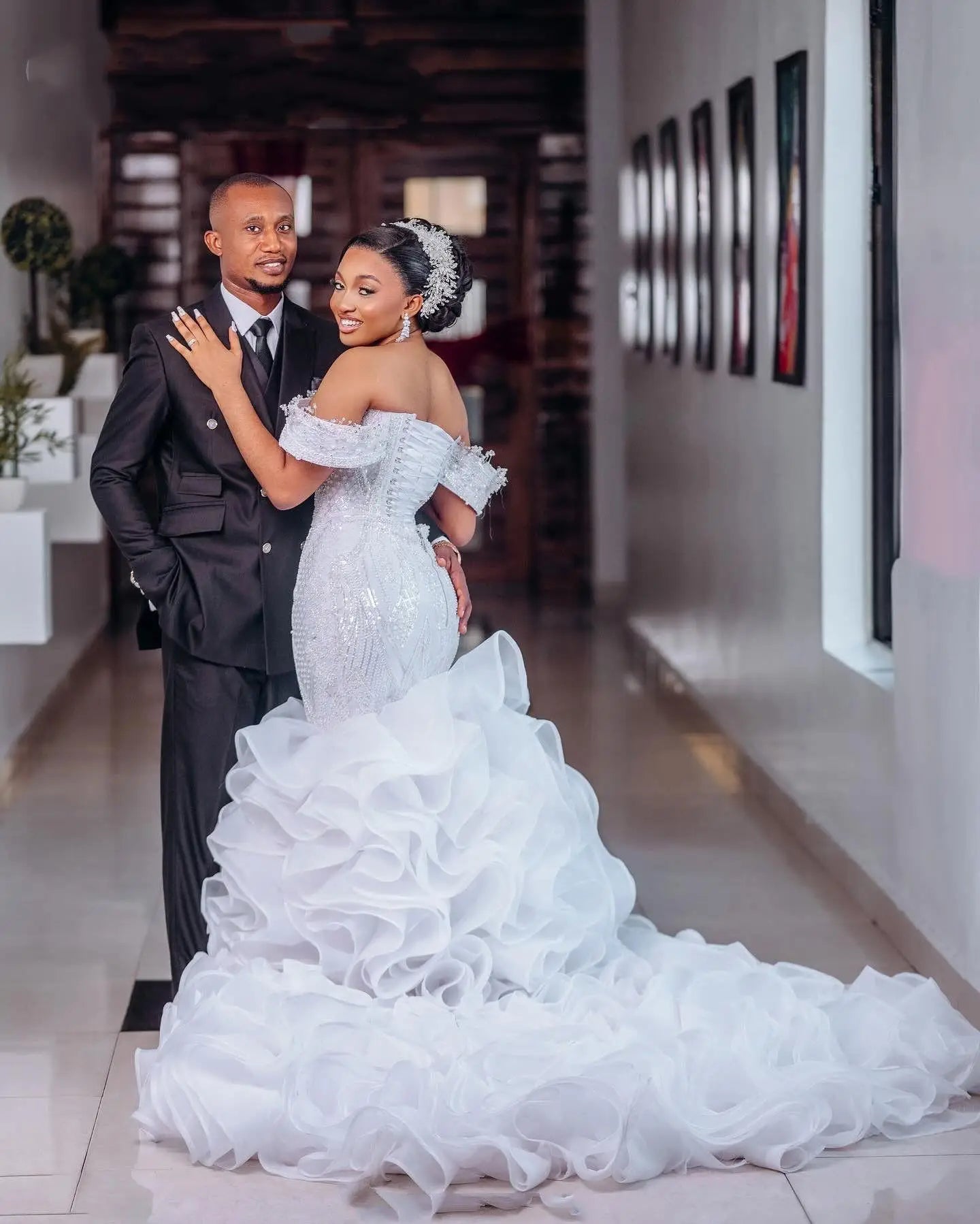 Luxurious Arabic Aso Ebi Mermaid Wedding Dress – Beaded Crystal Tiered Bridal Gown