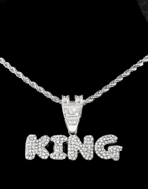 Load image into Gallery viewer, Iced Out Full Rhinestones KING QUEEN Letter Pendant Necklace 14mm Miami Rhombus Cuban Chain Hip Hop Necklaces Jewelry
