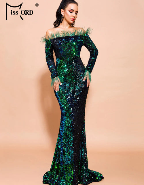 Load image into Gallery viewer, Glamour Redefined: Sequin Off-Shoulder Feather Detail Mermaid Evening Gown
