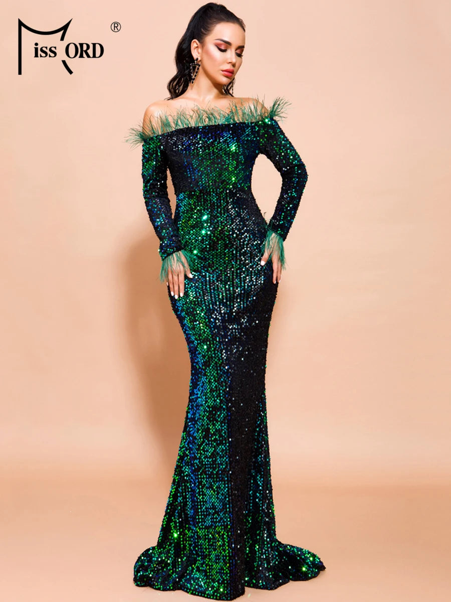 Glamour Redefined: Sequin Off-Shoulder Feather Detail Mermaid Evening Gown