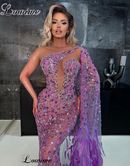 Load image into Gallery viewer, Luxury One-Shoulder Crystal Mermaid Evening Gown – Elegant Celebrity-Inspired Prom Dress
