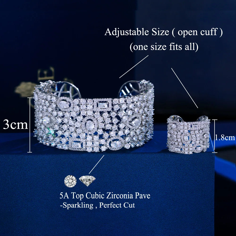 Luxury Chunky Cubic Zirconia Inlay Wide Open Cuff Bangle & Ring Set – Dubai Wedding Bridal Party Jewelry