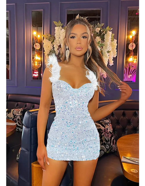 Load image into Gallery viewer, Women’s Feather Shoulder Sequined Bodycon Dress – Sexy Sleeveless Party Mini Dress
