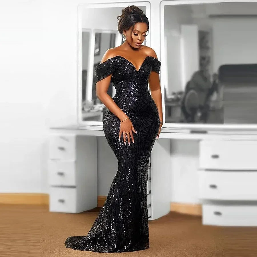 Black Off-Shoulder Sequined Mermaid Gown – Elegant Evening & Birthday Dress