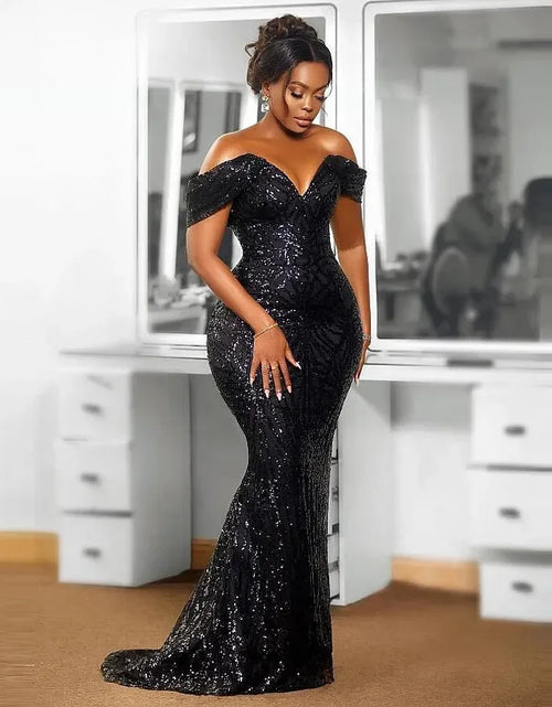 Load image into Gallery viewer, Black Off-Shoulder Sequined Mermaid Gown – Elegant Evening &amp; Birthday Dress
