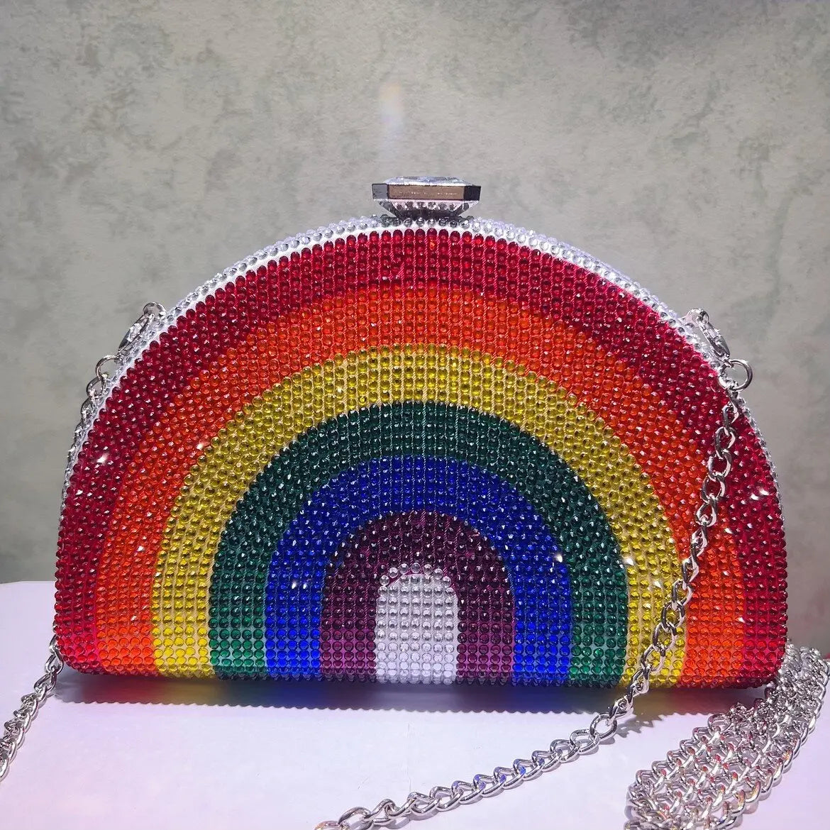 Rainbow Crystal Half-Moon Clutch – Luxury Rhinestone Evening Bag for Weddings & Parties