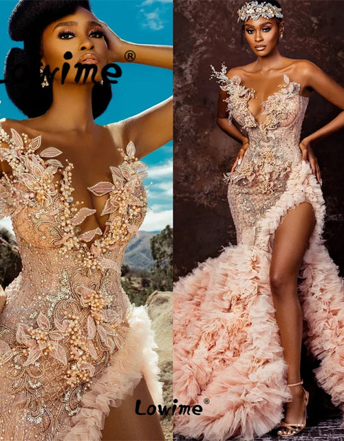 Load image into Gallery viewer, Stunning Long Train Mermaid Dress – Beaded Crystals &amp; 5D Leaf Couture Design
