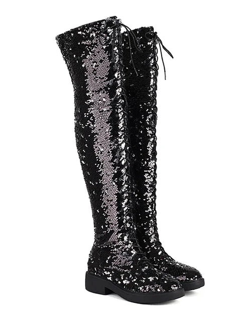 Load image into Gallery viewer, Dazzling Heights: Shiny Sequined Over-the-Knee Boots with Thick Heels
