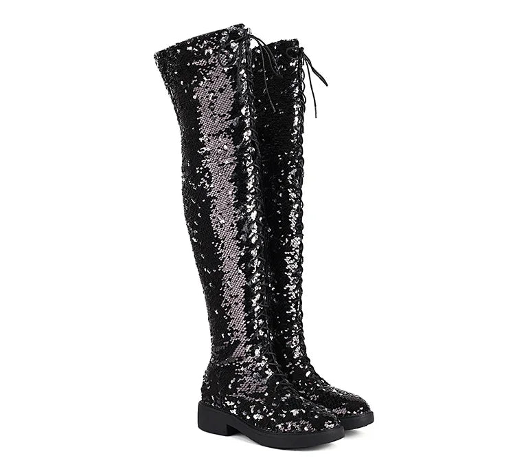 Dazzling Heights: Shiny Sequined Over-the-Knee Boots with Thick Heels