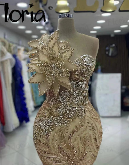 Load image into Gallery viewer, Golden Yellow One-Shoulder Mermaid Gown – 5D Leaf Design for Dubai Weddings &amp; Events
