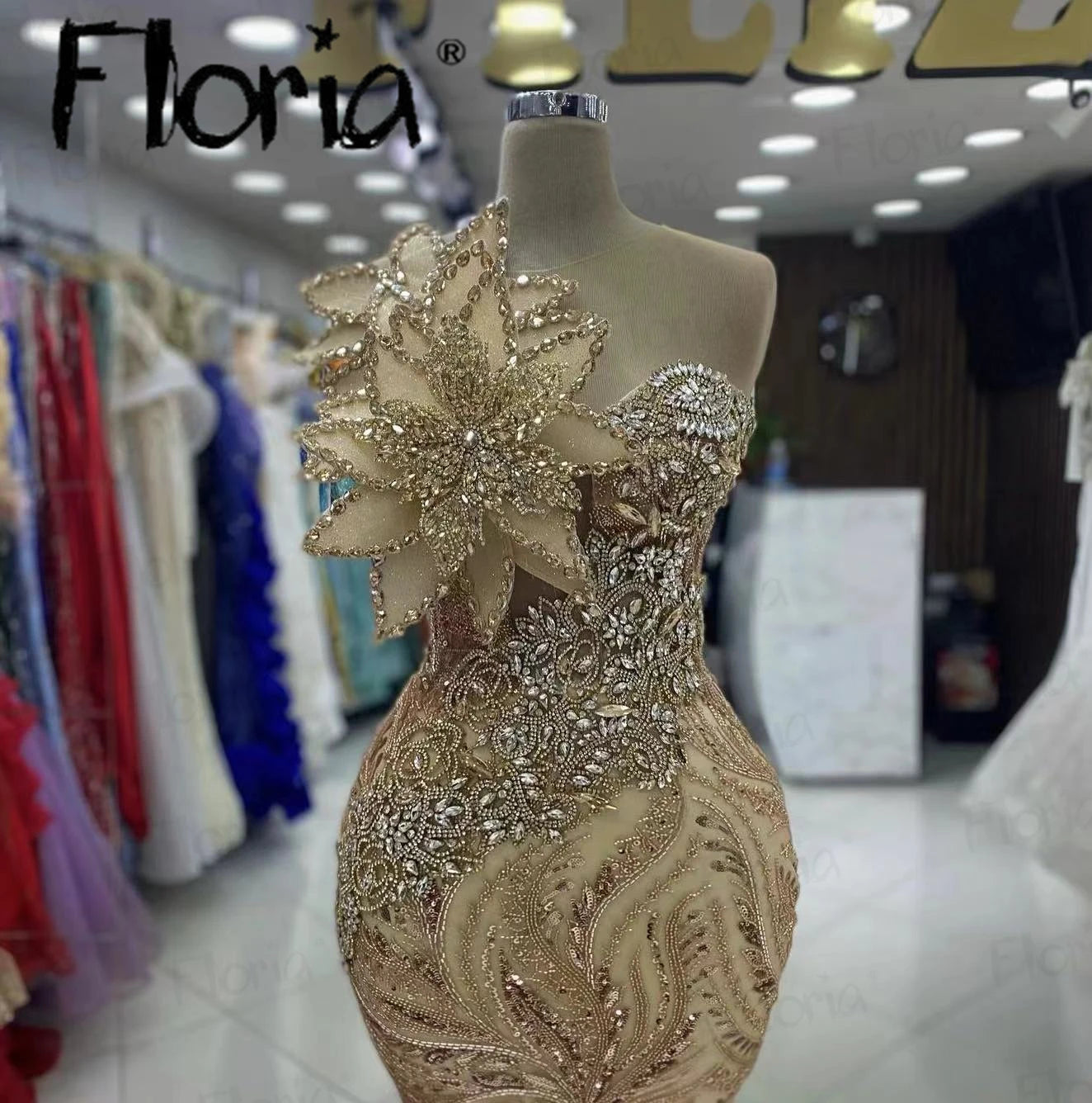 Golden Yellow One-Shoulder Mermaid Gown – 5D Leaf Design for Dubai Weddings & Events