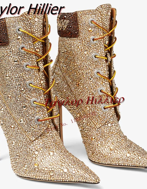 Load image into Gallery viewer, Glamour &amp; Elegance: Gold Handmade Drill Short Boots with Pointed Toe and Thin Heel
