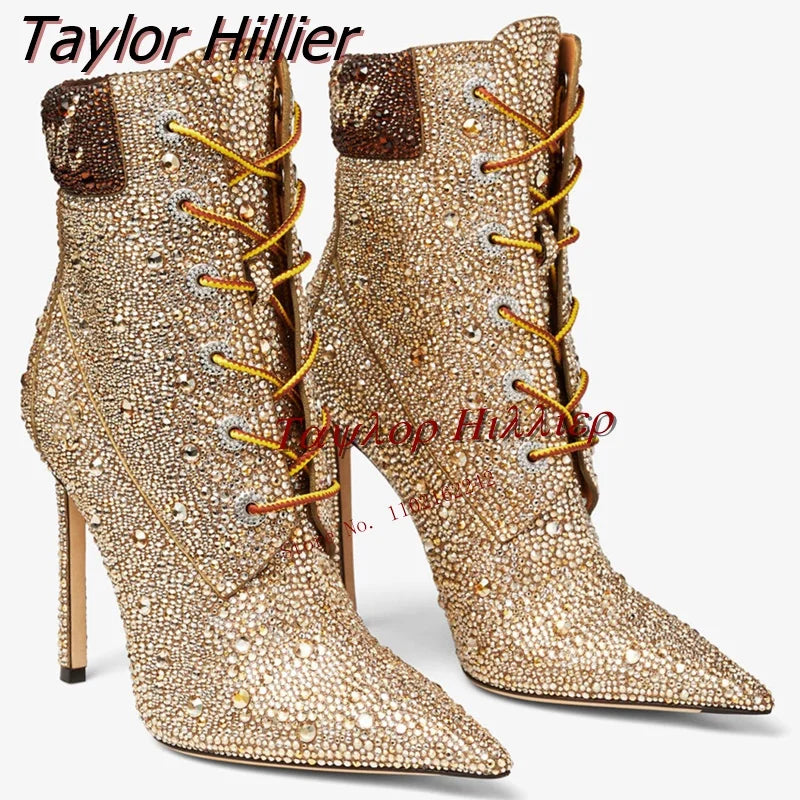 Glamour & Elegance: Gold Handmade Drill Short Boots with Pointed Toe and Thin Heel