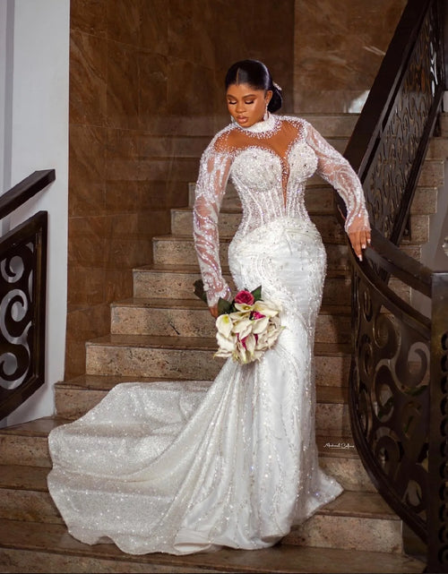 Load image into Gallery viewer, Arabic Mermaid Wedding Dress – Beaded Crystal Lace Gown
