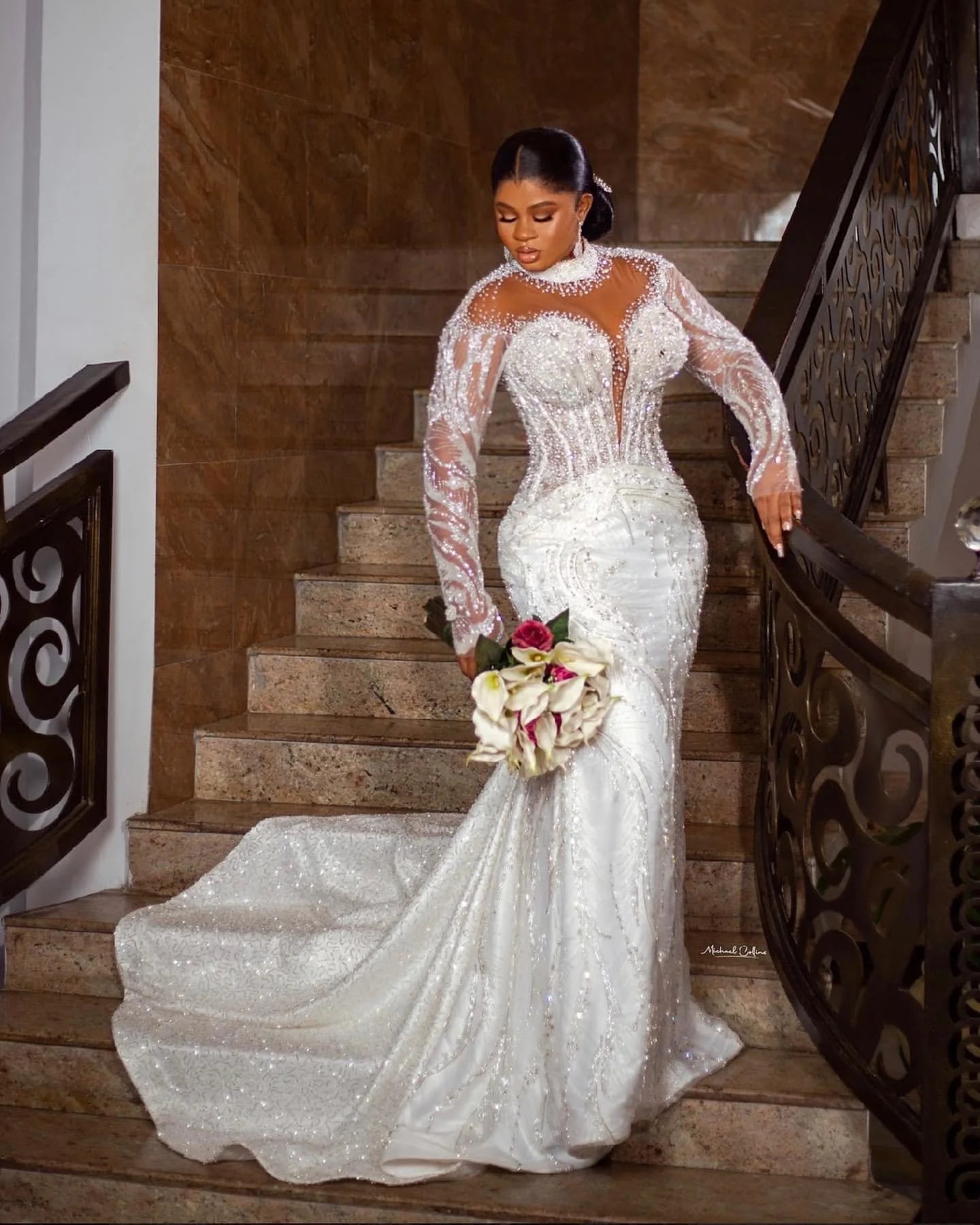 Arabic Mermaid Wedding Dress – Beaded Crystal Lace Gown