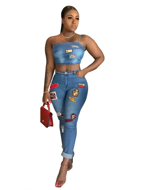 Load image into Gallery viewer, Sexy Denim Two-Piece Set – Women’s Crop Top and Pants Matching Outfit
