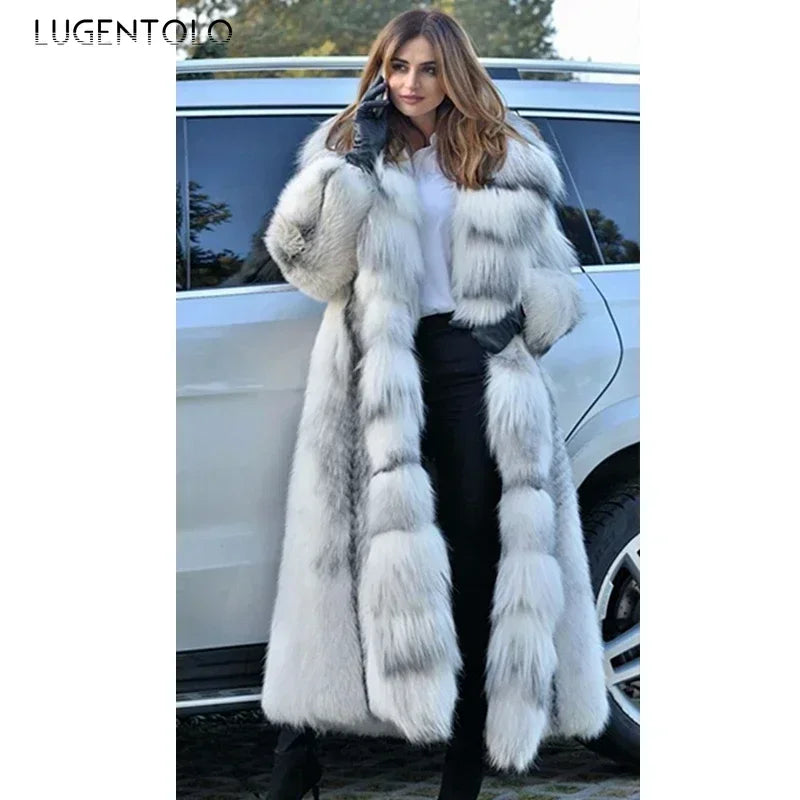 Elegant Women’s X-Long Faux Fur Coat – Hooded Loose Fit Winter Fashion Coat for Large Sizes