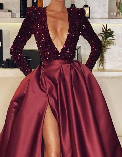 Load image into Gallery viewer, Sexy Deep V-Neck Sequin Evening Gown – Long Sleeve Split Party &amp; Prom Dress for Women
