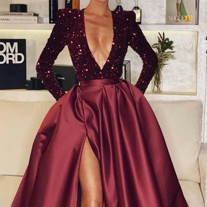 Sexy Deep V-Neck Sequin Evening Gown – Long Sleeve Split Party & Prom Dress for Women