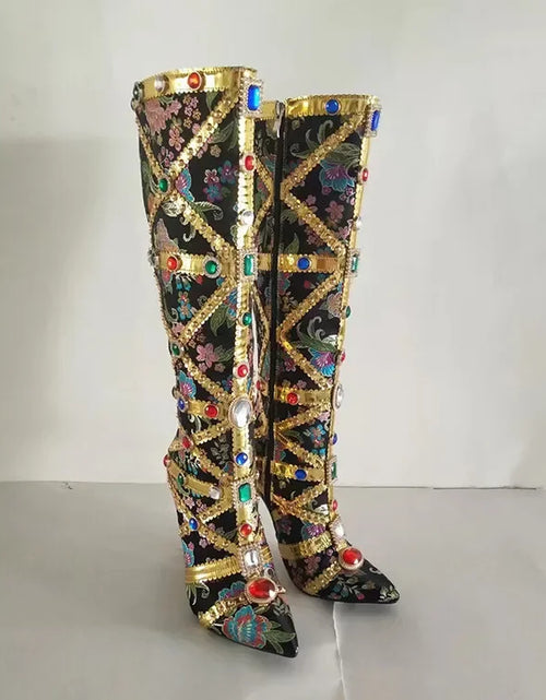 Load image into Gallery viewer, Vibrant Elegance: Colorful Rhinestone Embroidered Mid-Length Ethnic Boots
