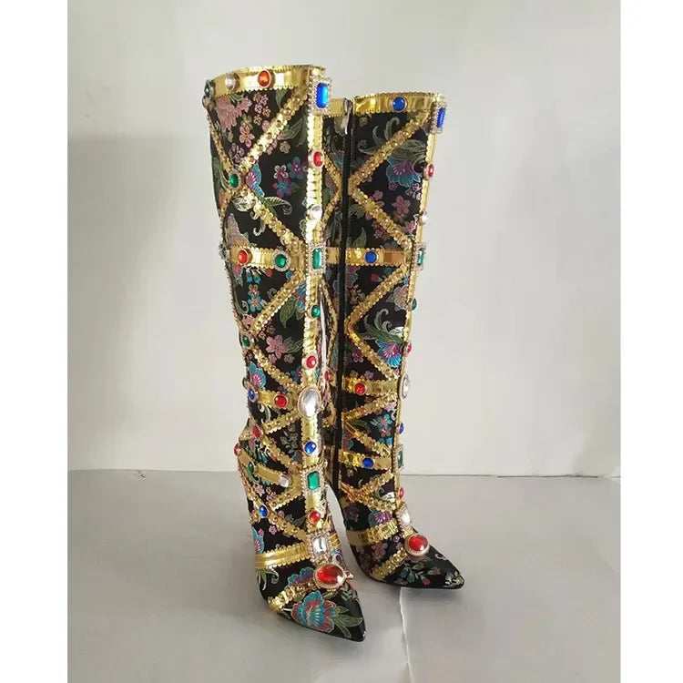 Vibrant Elegance: Colorful Rhinestone Embroidered Mid-Length Ethnic Boots