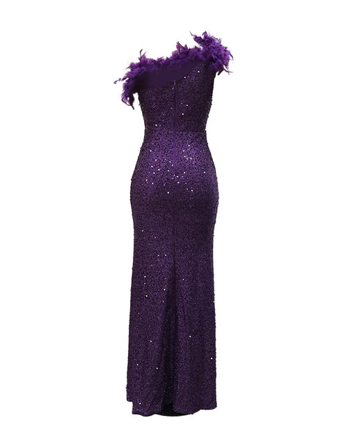 Load image into Gallery viewer, Dazzling Sequined Backless Maxi Dress with Feather &amp; Bead Detailing – Perfect for Birthday Party
