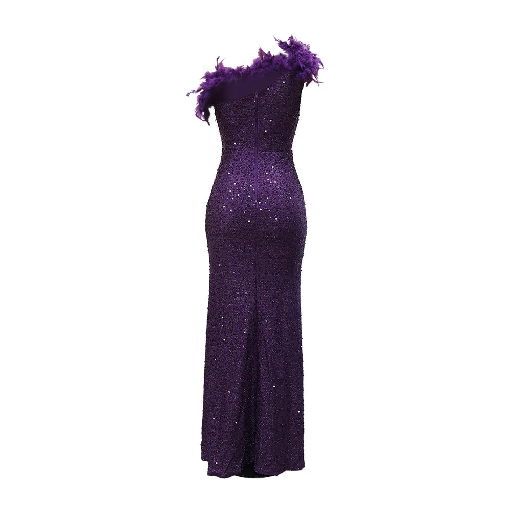 Dazzling Sequined Backless Maxi Dress with Feather & Bead Detailing – Perfect for Birthday Party