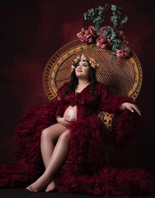 Load image into Gallery viewer, Burgundy Bow Maternity Dress – Puffy Mesh Kimono Gown for Photoshoot
