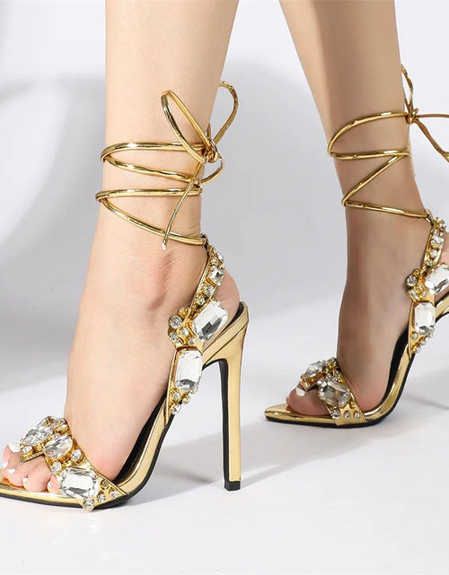 Load image into Gallery viewer, Luxury Gold Ankle Strap Sandals – Crystal Diamond Stripper Heels for Weddings &amp; Nightclubs
