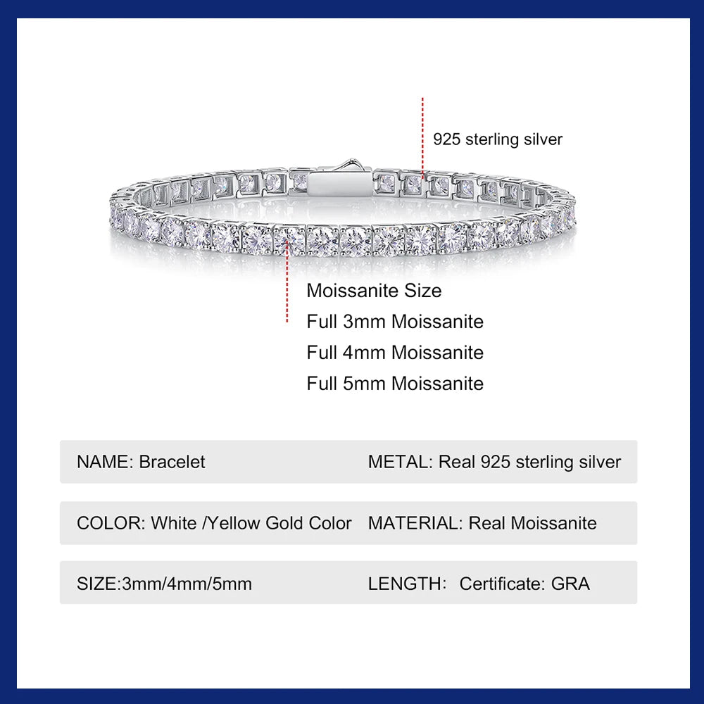 Dainty Full Moissanite Tennis Bracelet 18k Gold Plated 925 Sterling Silver D Color Lab Created Diamond Bracelet for Women Men