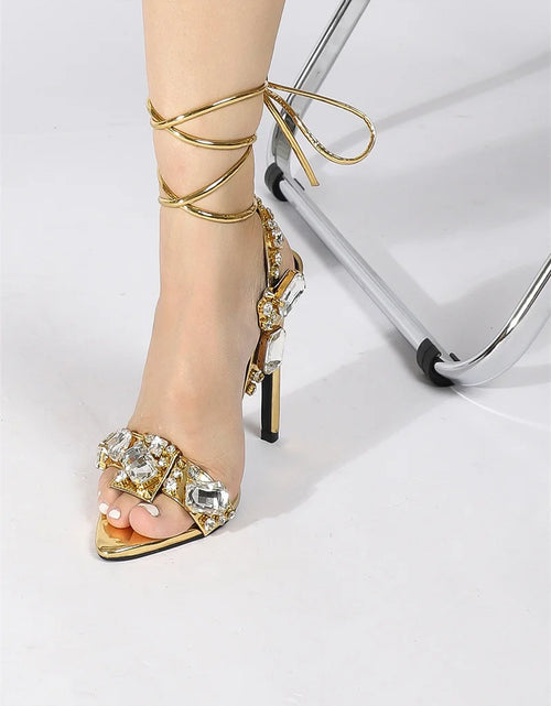 Load image into Gallery viewer, Luxury Gold Ankle Strap Sandals – Crystal Diamond Stripper Heels for Weddings &amp; Nightclubs
