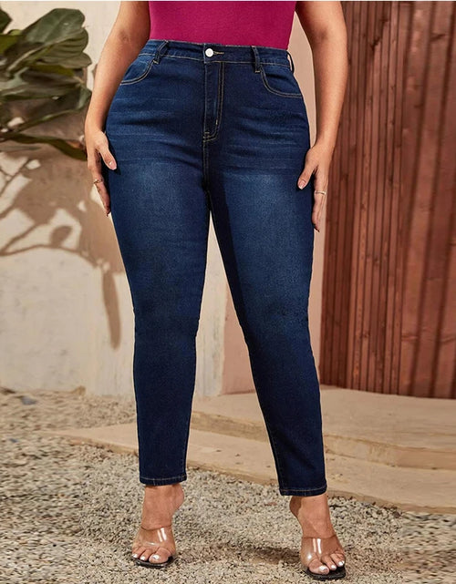 Load image into Gallery viewer, Plus-Size High-Waist Stretch Mom Jeans – Skinny Washed Denim for Women with 100kg+ Fit
