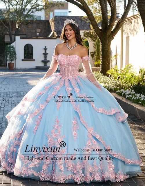 Load image into Gallery viewer, Enchanted Dreams: Luxury Blue Butterfly Princess Quinceañera Ball Gown
