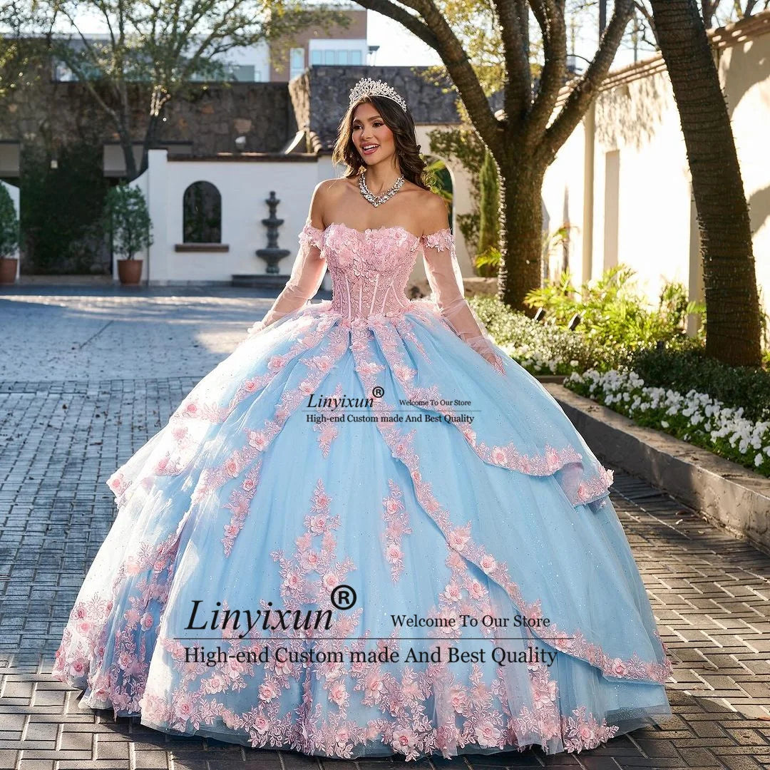 Enchanted Dreams: Luxury Blue Butterfly Princess Quinceañera Ball Gown